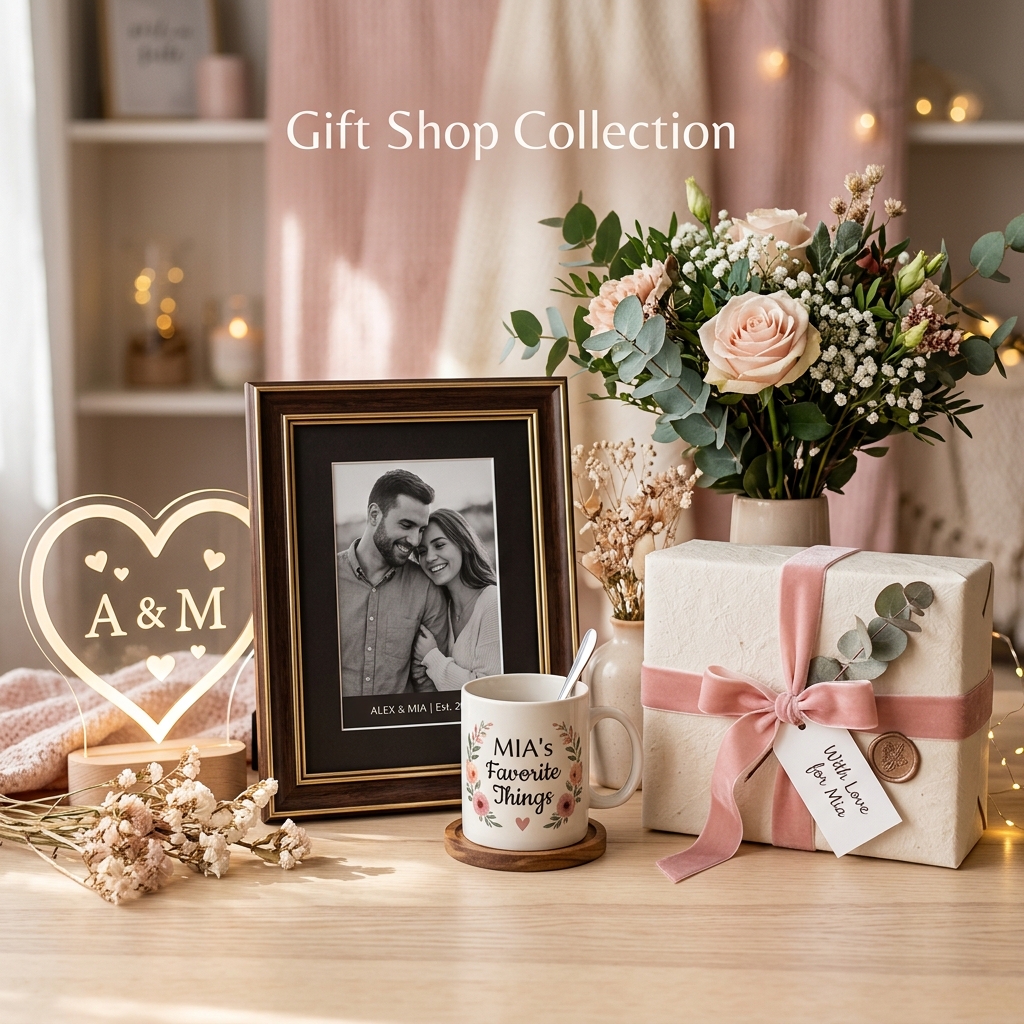 Beautiful gift composition including frames, mugs, flowers and custom accessories
